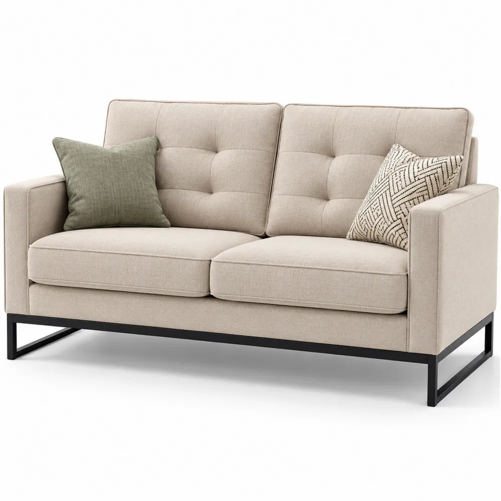 Canapé deux places en tissu beige et métal