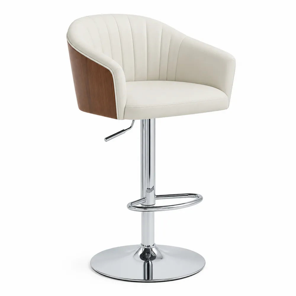 Tabouret de bar en cuir PU blanc et bois avec piètement chromé ajustable