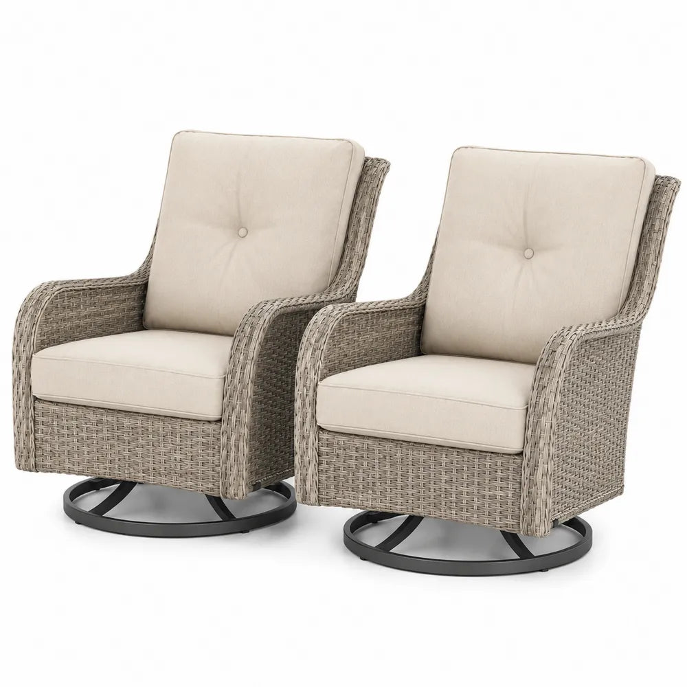 Lot de 2 fauteuils pivotants en osier beige avec coussins