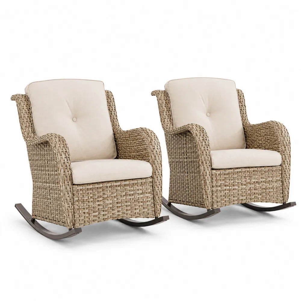 Ensemble de 2 fauteuils à bascule en rotin synthétique avec coussins beige