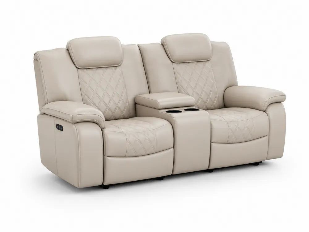 Canapé 2 places inclinable en cuir beige avec porte-gobelets