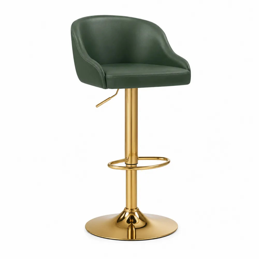 Tabouret de bar en cuir synthétique vert avec base en métal doré