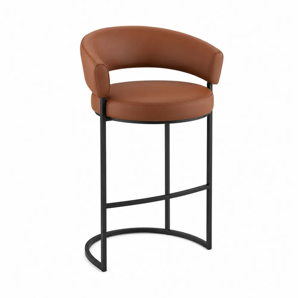 Tabouret de bar en cuir synthétique brun avec cadre en acier noir