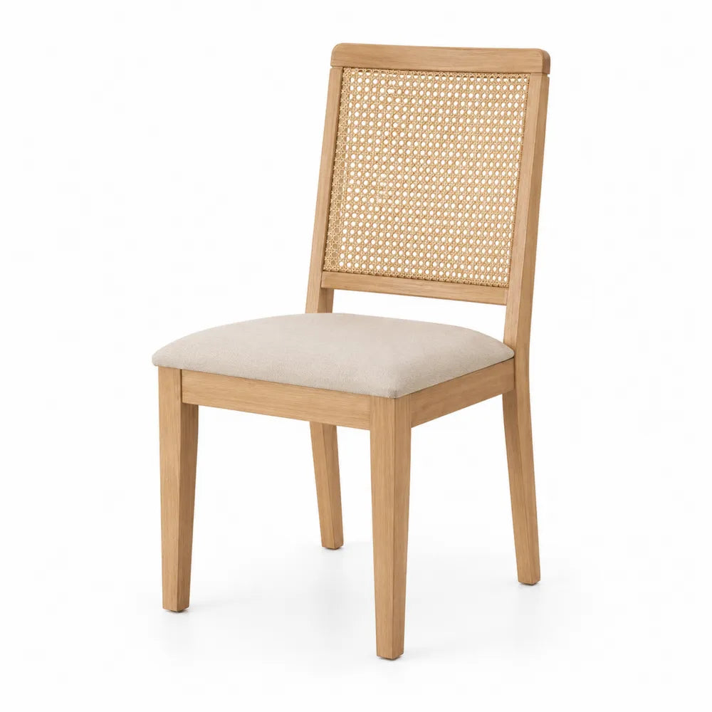 Chaise en bois de chêne avec dossier en rotin et assise en tissu polyester beige