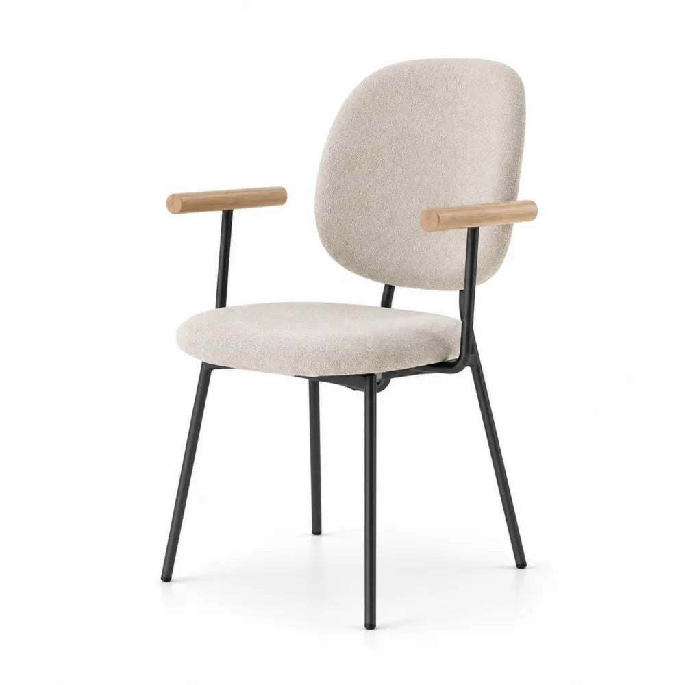 Chaise en tissu polyester beige avec accoudoirs en bois et structure en métal noir