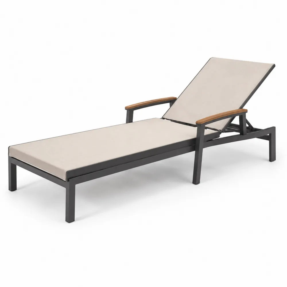 Chaise longue en aluminium et bois avec coussin en polyester beige