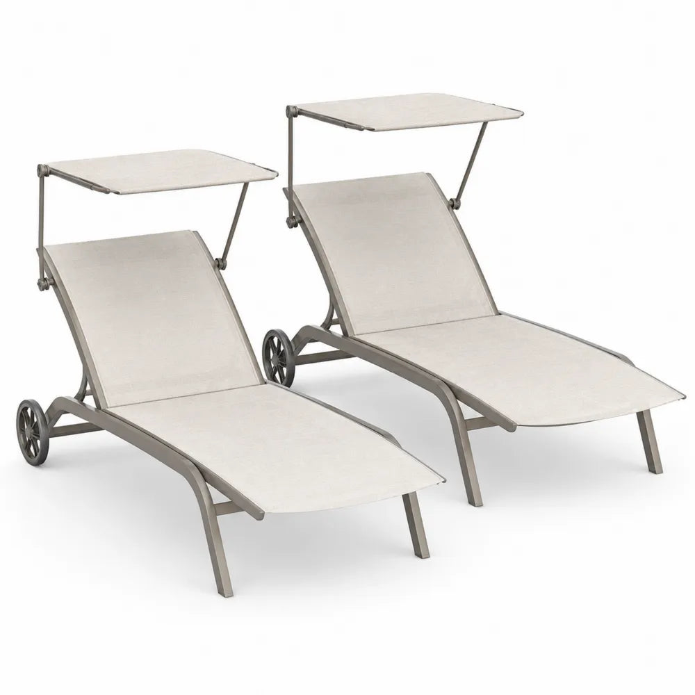 Lot de 2 chaises longues extérieures avec pare-soleil, aluminium et textilène, beige